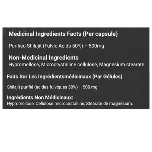 Nutrametix Pure Himalayan Shilajit, 60 Capsules Nutrition Panel - SupplementSource.ca