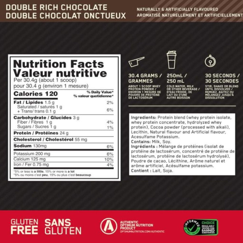 ON Gold Standard Whey Double Rich Chocolate Nutrition Panel, 1.5 lb - SupplementSource.ca