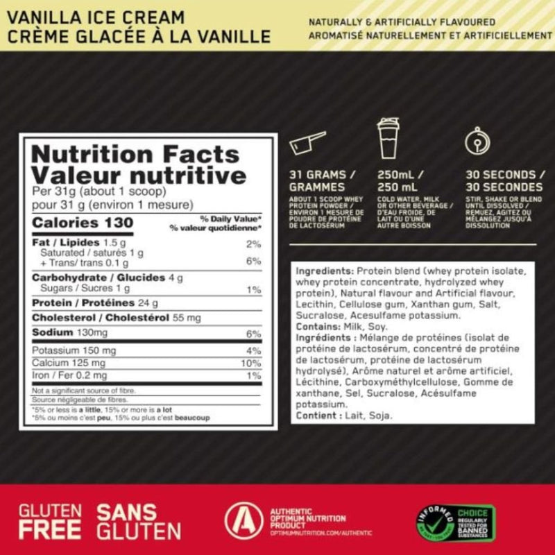 ON Gold Standard Whey Vanilla Ice Cream Nutrition Panel, 1.5 lb - SupplementSource.ca