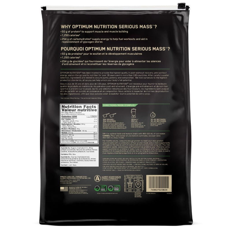 Optimum Nutrition Serious Mass, 12lb Vanilla Nutrition Panel - SupplementSource.ca