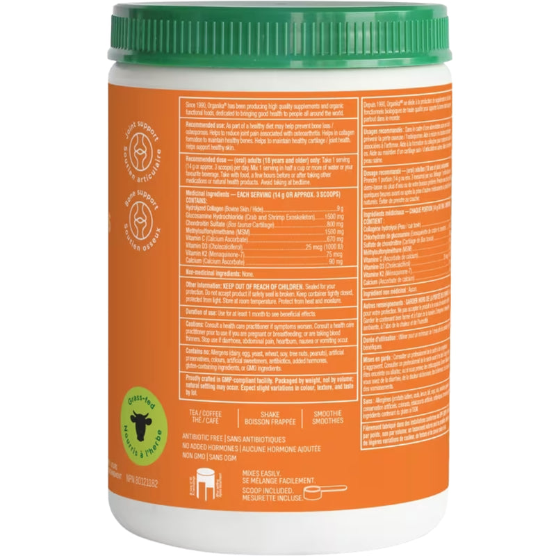 Organika Bone & Joint Enhanced Collagen Protein, 280g Unflavoured Nutrition Panel - SupplementSource.ca