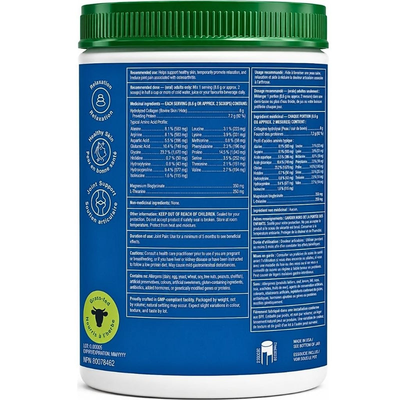 Organika Enhanced Collagen Relax English Nutrition Panel, Unflavoured, 250g - SupplementSource.ca