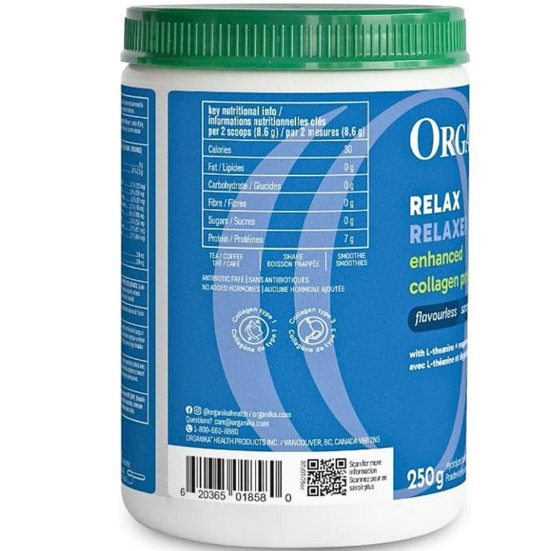 Organika Enhanced Collagen Relax Nutrition Info, Unflavoured, 250g - SupplementSource.ca