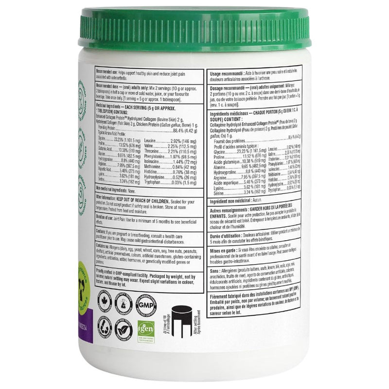 Organika Full Spectrum Collagen Protein, 250g Bone Broth Nutrition Panel - SupplementSource.ca
