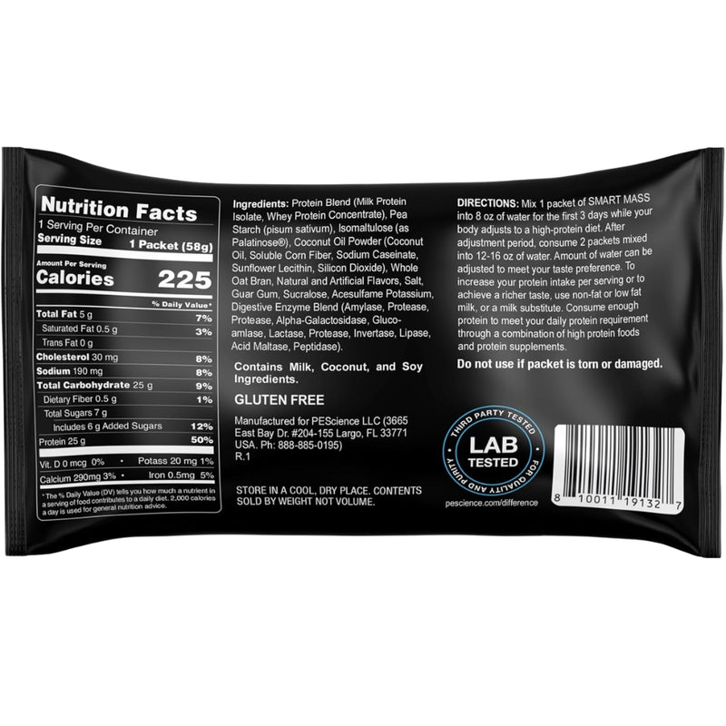 PEScience Single Smart Mass Sample, 58g Nutrition Panel - SupplementSource.ca