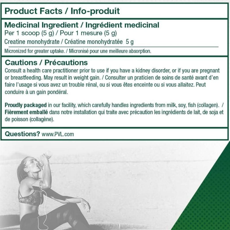 PVL 100% Pure Creatine 1000g Nutrition Panel - SupplementSource.ca