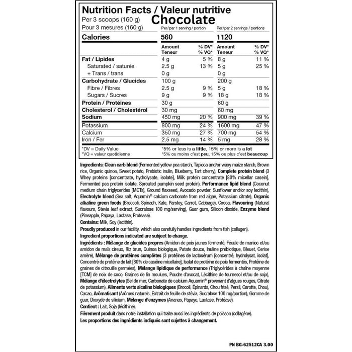 PVL CLEAN MASS XL, 10lb Chocolate Nutrition Panel - SupplementSource.ca