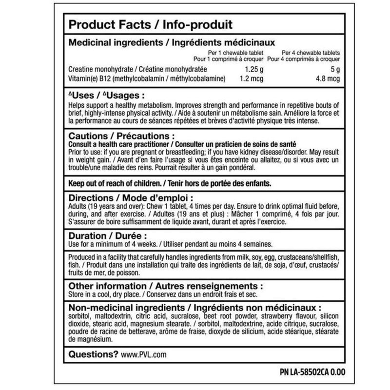 PVL Creatine Chewz Nutrition Panel - SupplementSource.ca