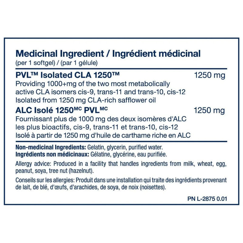 PVL Isolated CLA 1250, 180 Softgels Nutrition Facts - SupplementSource.ca