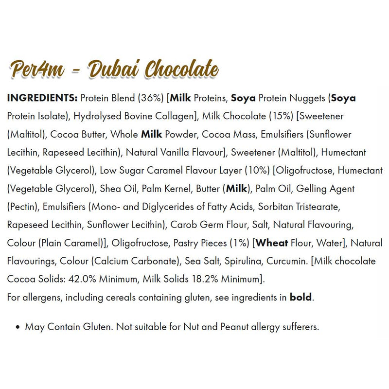 Per4m Low Sugar Protein Bar, 62g Dubai Chocolate Ingredients - SupplementSource.ca