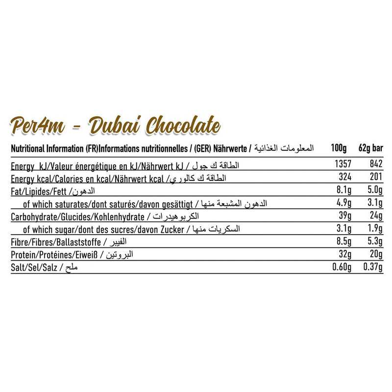 Per4m Low Sugar Protein Bar, 62g Dubai Chocolate Nutrition Panel - SupplementSource.ca