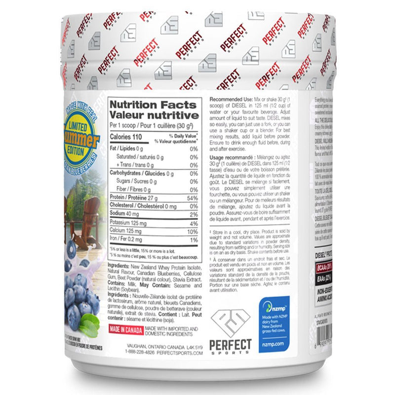 Perfect Sports DIESEL Wild Muskoka Blueberry, 360g Nutriton Panel - SupplementSource.ca