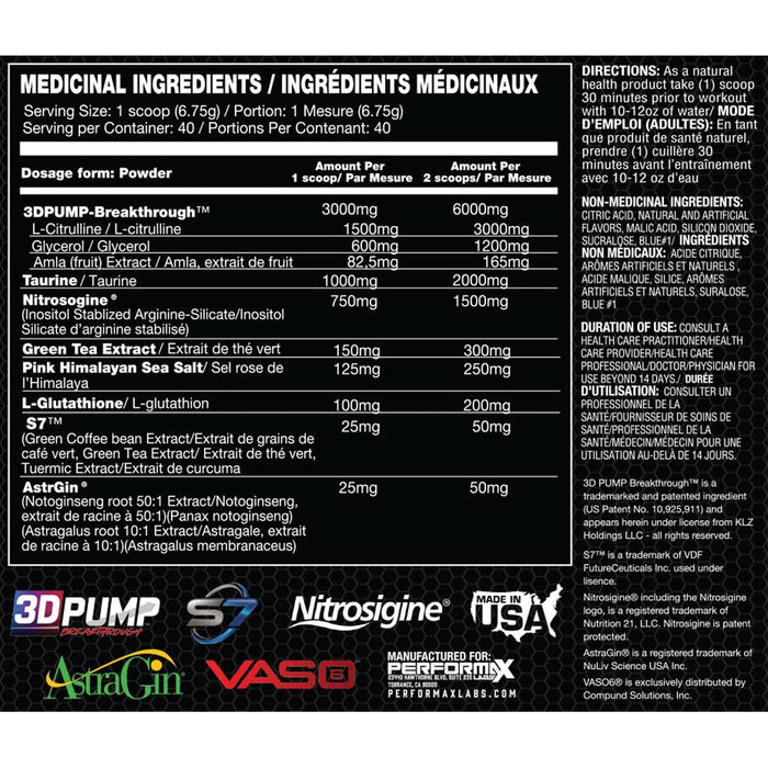 Performax Labs Vaso Max, 40 Servings Rocket Bomb Nutrition Panel - SupplementSource.ca