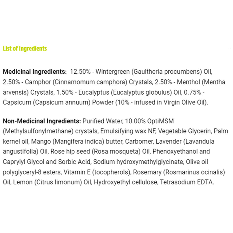 Prairie Naturals Muscle Heat with OptiMSM, 100ml Nutrition Panel - SupplementSource.ca