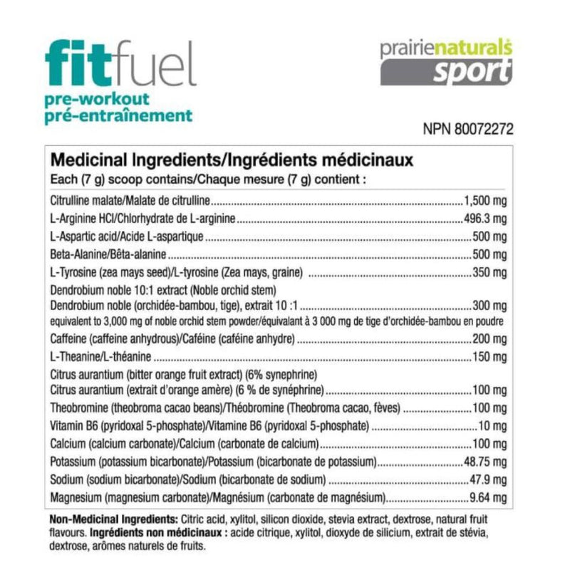 Prairie Naturals Sport Fitfuel Pre-Workout Wildberry Burst Nutrition Panel, 210g - SupplementSource.ca