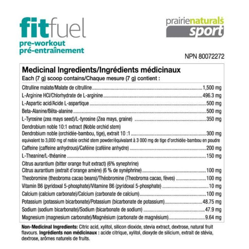 Prairie Naturals Sport Fitfuel Pre-Workout Wildberry Burst Nutrition Panel, 210g - SupplementSource.ca