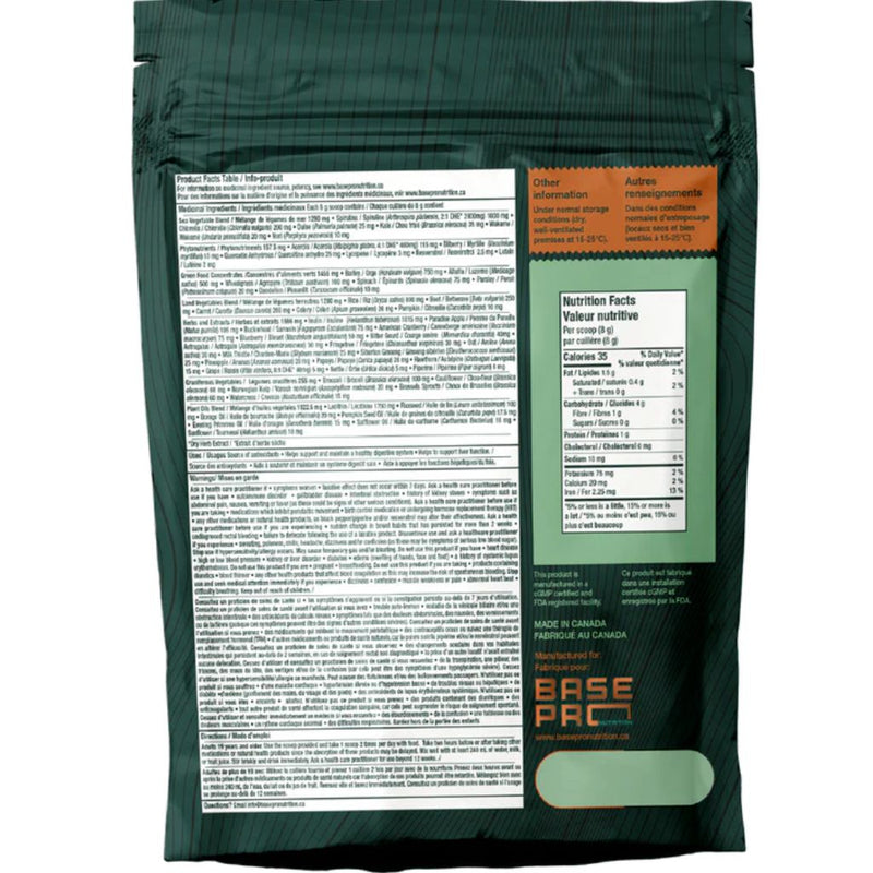 Base Pro Nutrition Pro Greens, 30 Servings Unflavoured Nutrition Panel - SupplementSource.ca
