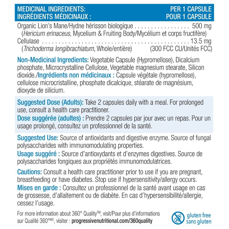 Progressive Lion's Mane, 60 Caps Nutrition Panel - SupplementSource.ca