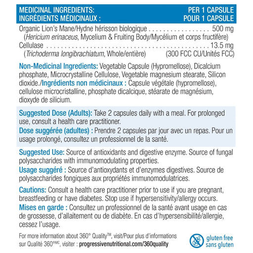 Progressive Lion's Mane, 60 Caps Nutrition Panel - SupplementSource.ca