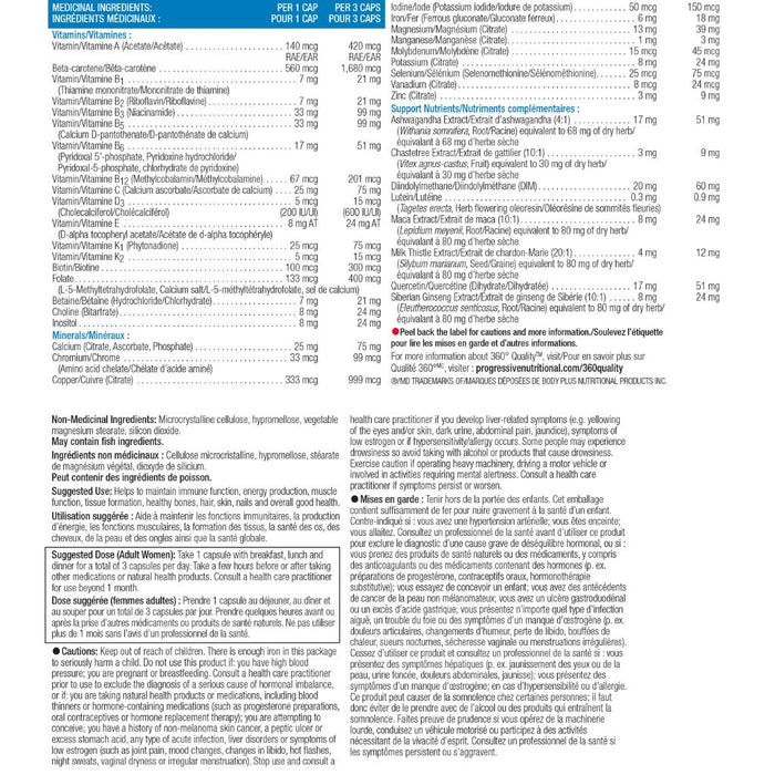 Progressive MULTIVITAMIN ACTIVE WOMEN 60 VCaps Nutrition Panel - SupplementSource.ca