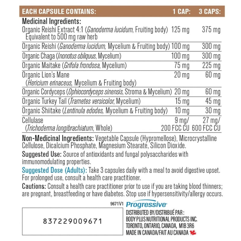 Progressive Mushroom Complex, 90 VCaps Nutrition Panel - SupplementSource.ca 