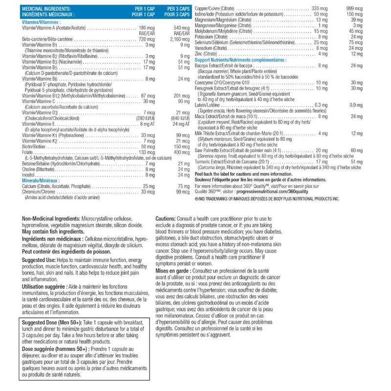 Progressive Multivitamin Men 50+, 60 VCaps Nutritional Panel - SupplementSource.ca