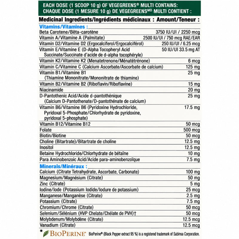 Progressive Vegegreens Multi, 500g Blueberry Medley Nutrition Panel - SupplementSource.ca