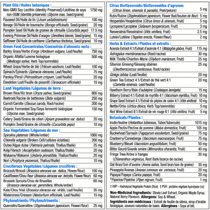 Progressive Vegegreens Multi, 500g Blueberry Medley Nutrition Panel - SupplementSource.ca