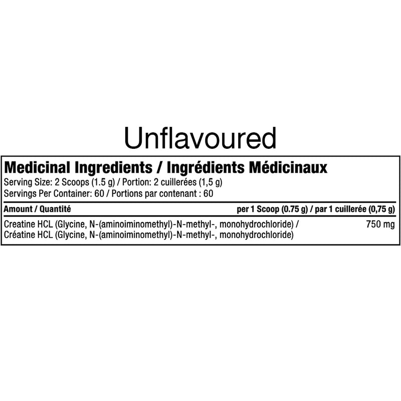 Proline Creatine HCL, 90g Unflavoured Nutrition Panel - SupplementSoruce.ca