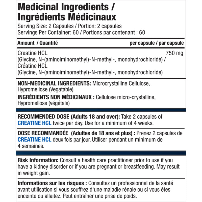 Proline Creatine HCL 120 VCaps Nutrition Panel - SupplementSource.ca