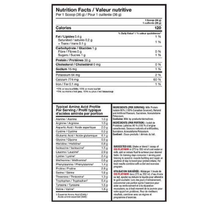 ProLine Iso Platinum Isolate Protein Vanilla Nutrition Panel, 4lb - SupplementSource.ca