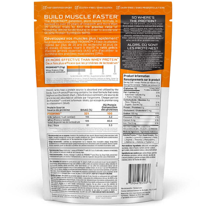 Promino Muscle Builder, 30 Servings Orange Nutrition Panel - SupplementSource.ca