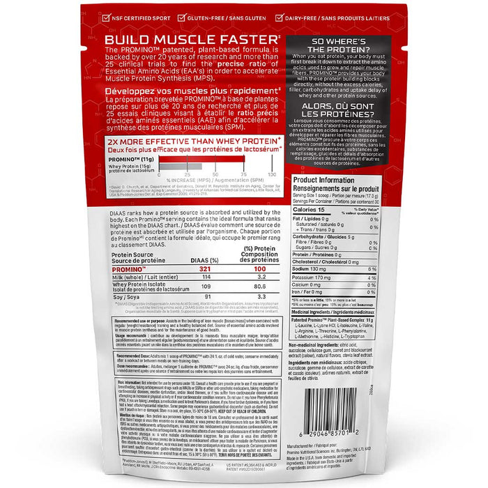 Promino Muscle Builder, 30 Servings Raspberry Nutrition Panel - SupplementSource.ca