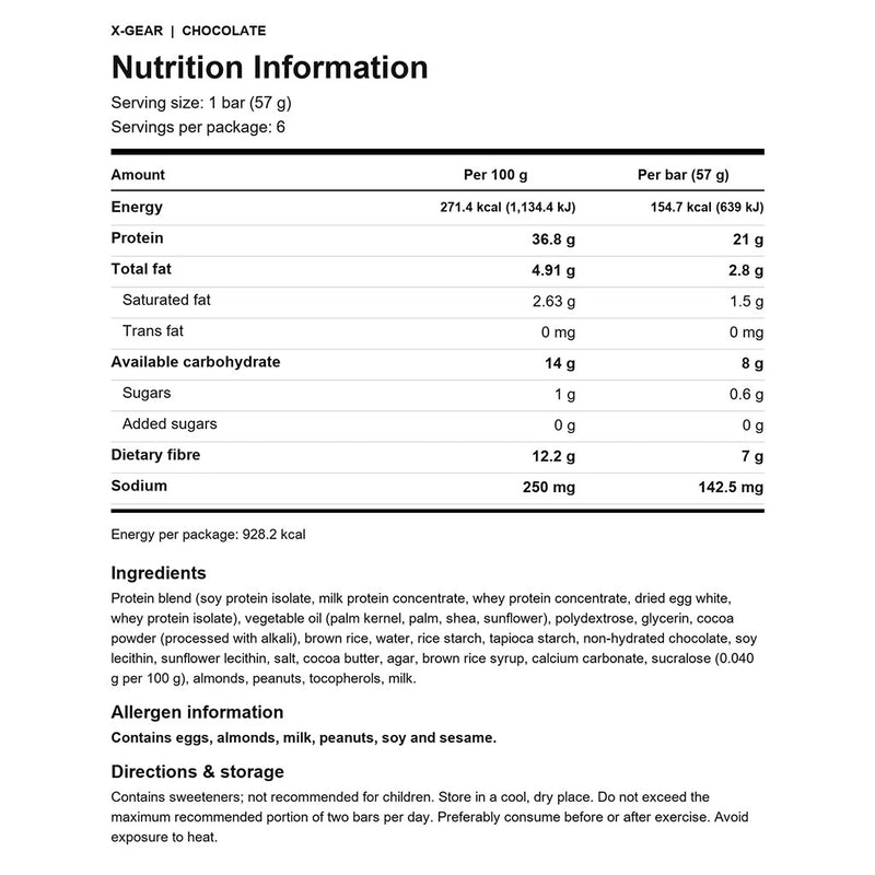 Protein World X-GEAR PROTEIN BARS, 6 Bars/Box Chocolate Nutrition Panel - SupplementSource.ca