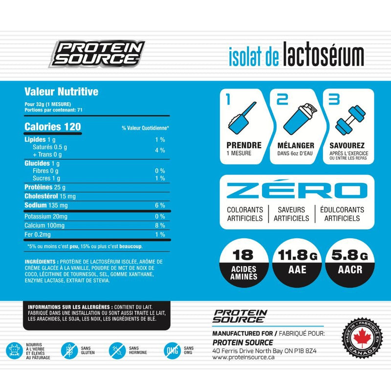 Protein Source IsoWhey Protein, Vanilla Ice Cream French Nutrition Panel, 5lb - SupplementSource.ca
