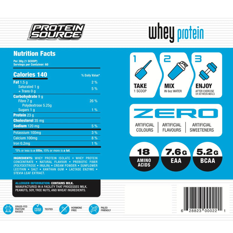 Protein Source Whey Protein, 5lb Vanilla Ice Cream English Nutrition Panel - SupplementSource.ca