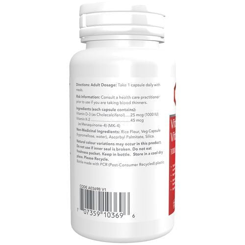 Protocol for Life Balance Vitamin D3/K2 English Nutrition Panel, 120 VCaps - SupplementSource.ca