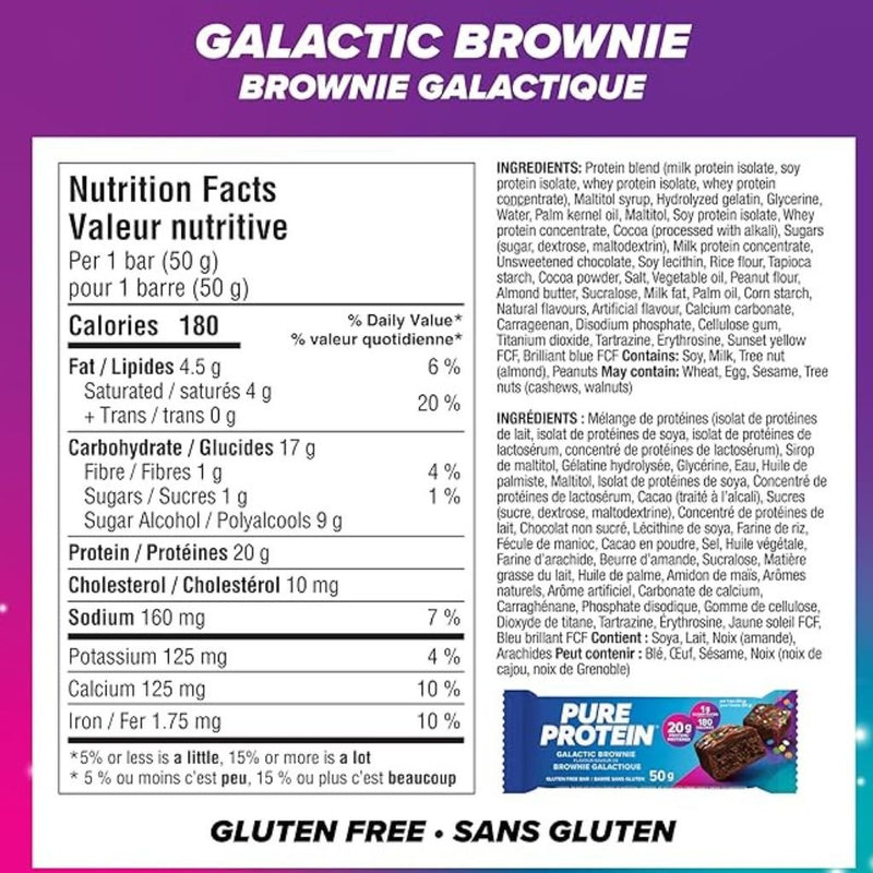 Pure Protein Bars 6 Pack Galactic Brownie Nutrition Panel - SupplementSource.ca