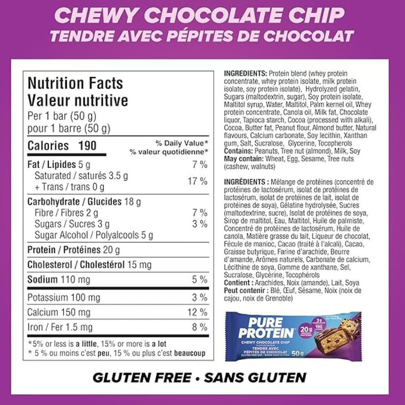 Pure Protein Bars 6 Pack Chewy Chocolate Chip Nutrition Panel - SupplementSource.ca