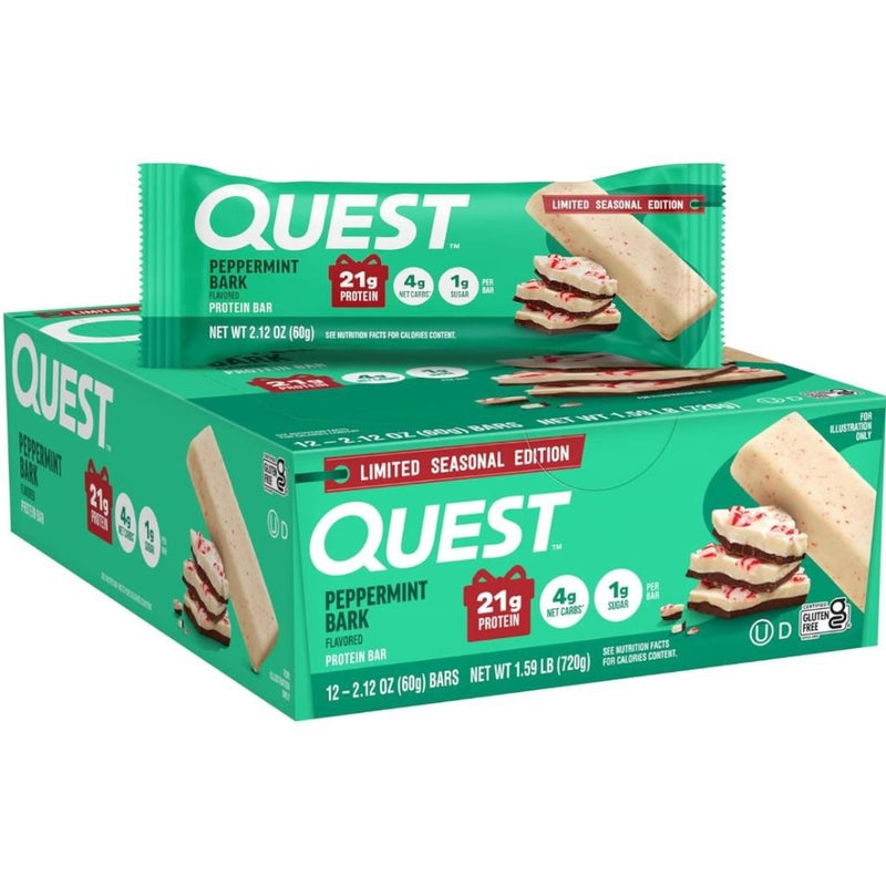 Quest Bars - 1 Box of Peppermint Bark Low Net Carb Bars - SupplementSource.ca