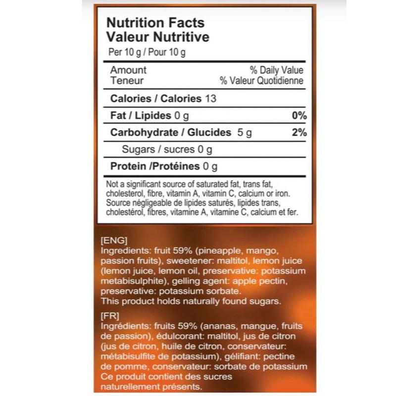 Rabeko Zero Jam Exotic Fruits Nutrition Panel, 225g - SupplementSource.ca