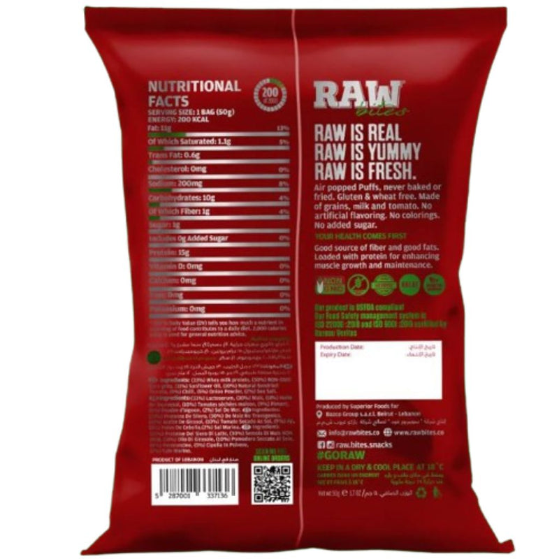 Raw Bites Just Protein Puffs Sundried Tomato&Chili Nutritional Panel, 50g - SupplementSource.ca