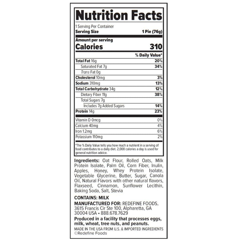 Redefine Foods Oatmeal Protein Pie Nutrition Panel - SupplementSource.ca