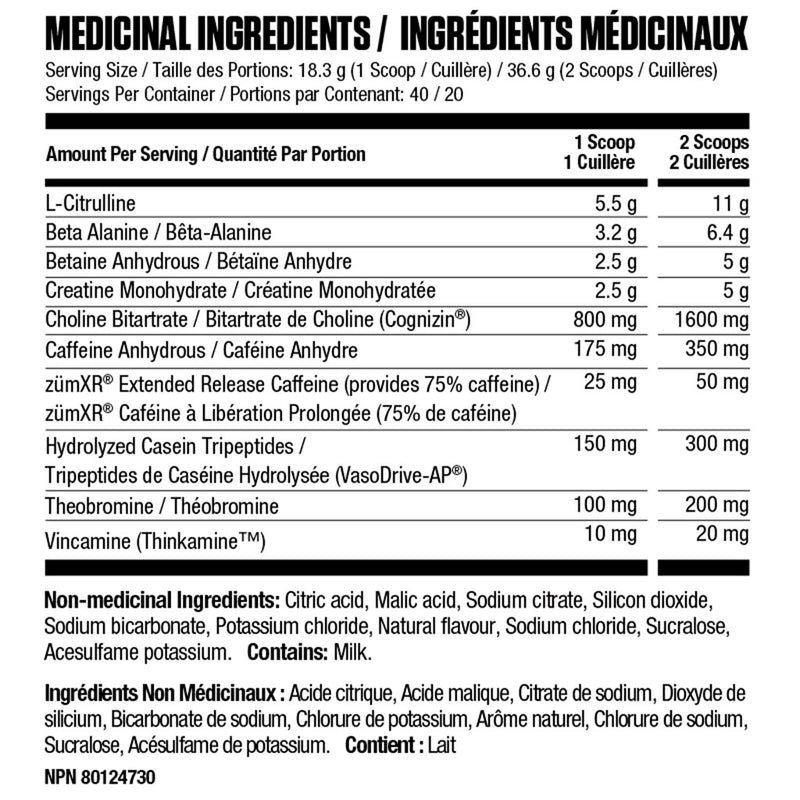 Ryse Godzilla Pre-Workout, 40 Servings Nutrition Panel - SupplementSource.ca