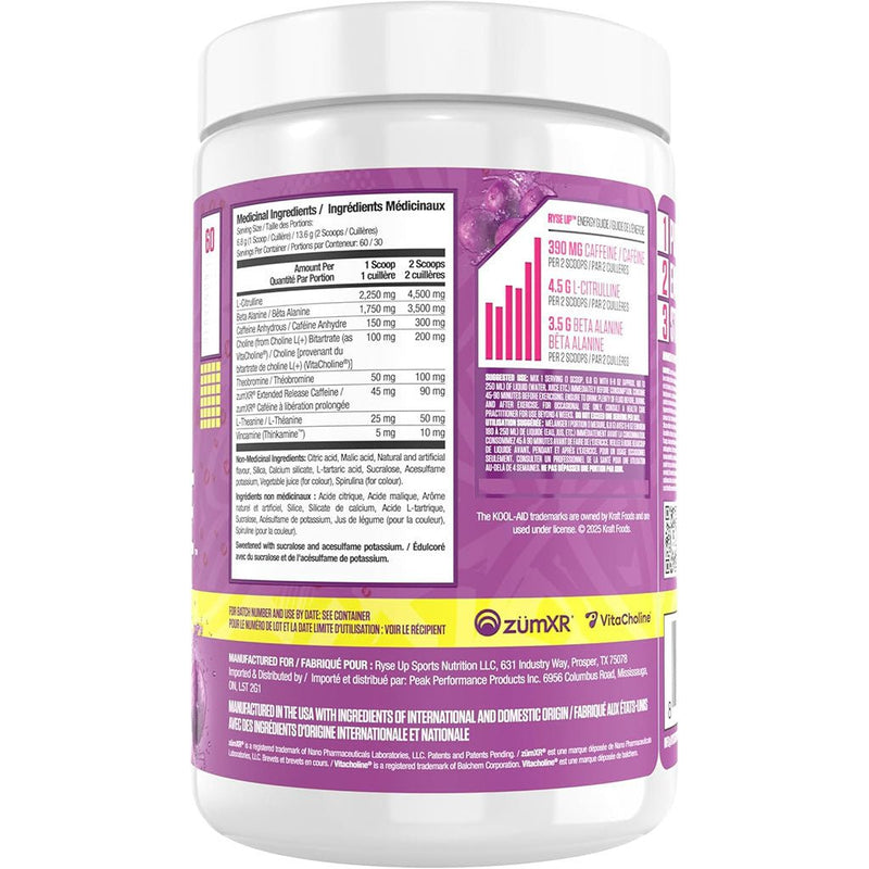 Ryse Loaded Pre 60 Servings Kool-Aid Grape Nutrition Panel - SupplementSource.ca