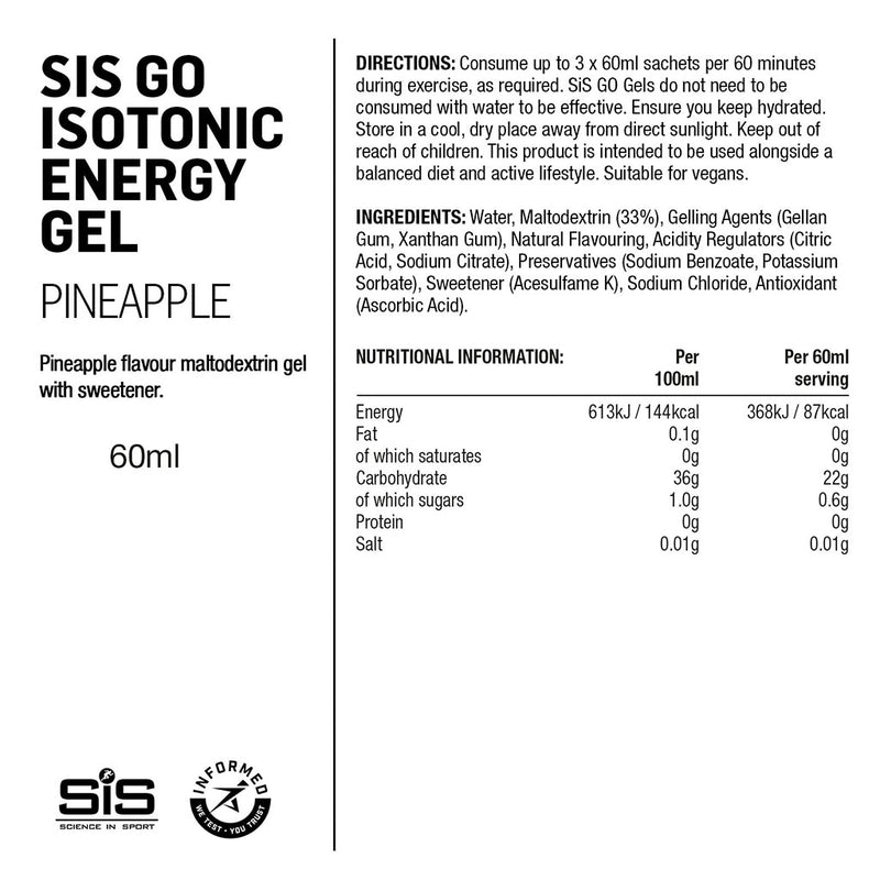 SIS Go Isotonic Energy Gel, 60ml Pineapple Nutrition Panel - SupplementSource.ca