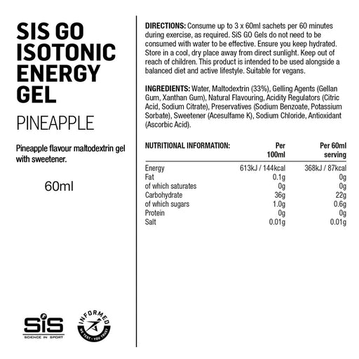 SIS Go Isotonic Energy Gel, 60ml Pineapple Nutrition Panel - SupplementSource.ca