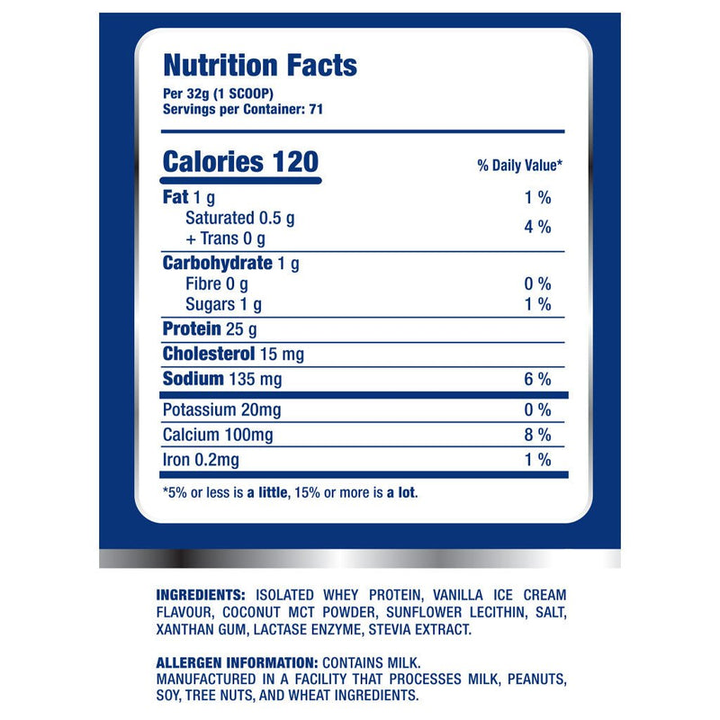 SupplementSource.ca Whey Isolate, 5lb Vanilla Nutrition Panel