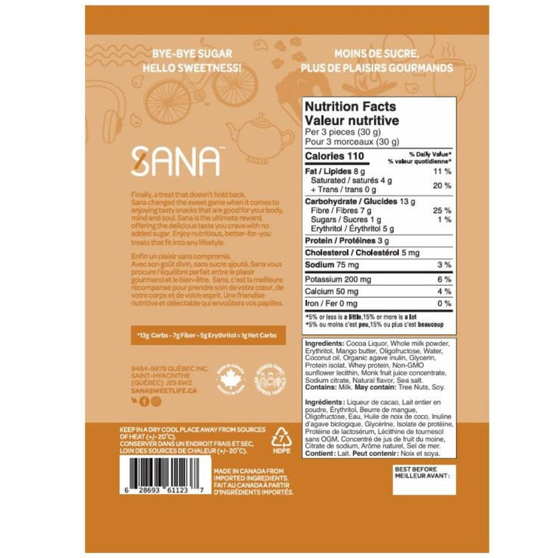 Sana Protein Bites Caramel Milk Chocolatey Nutrition Panel - SupplementSource.ca