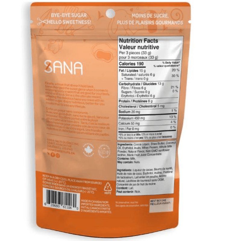 Sana Protein Bites Dark Chocolate Orange Nutrition Panel - SupplementSource.ca